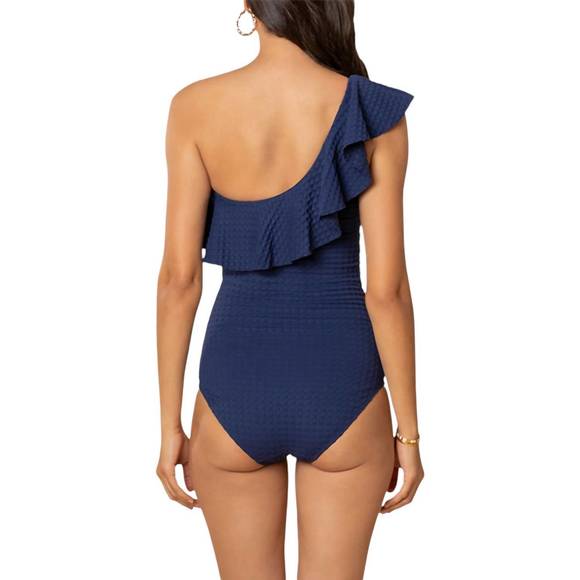 NEW SHOSHANNA solid one shoulder ruffle one piece in navy gingham - Picture 2 of 2